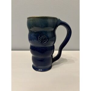 Studio Pottery Mug Blue Ombré Bubble Hand Thrown Decorative Stamps Signed Dated